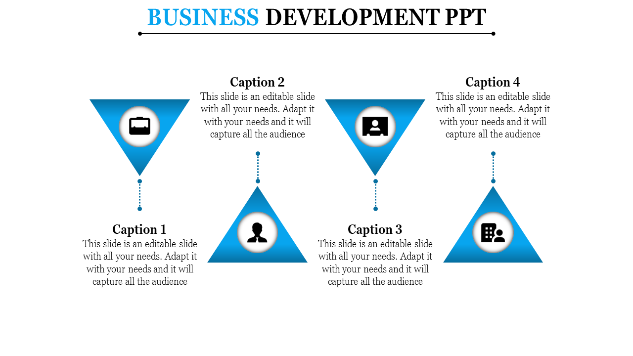 PowerPoint slide with four triangular sections, each representing different business development concepts with icons.