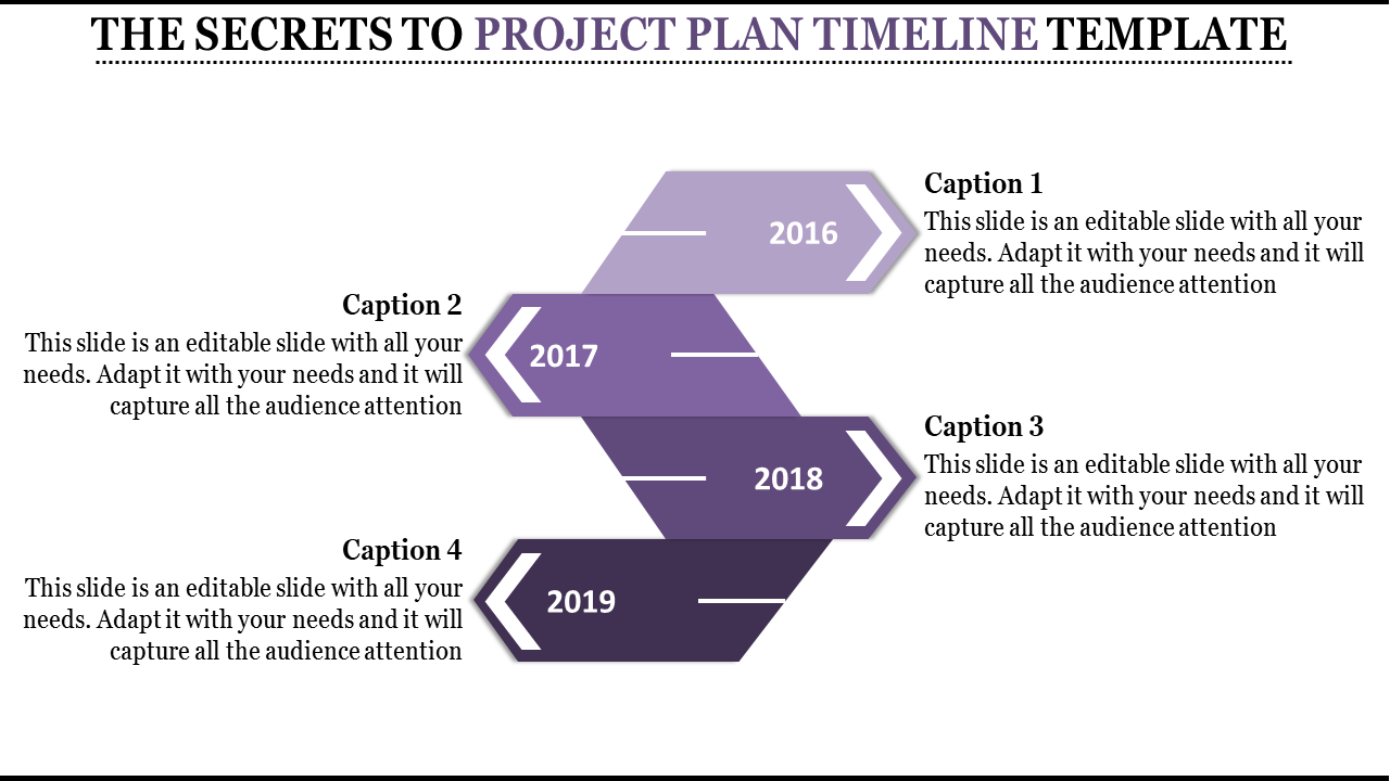 Project plan timeline with four purple arrows labeled 2016 to 2019, paired with captions on the sides.