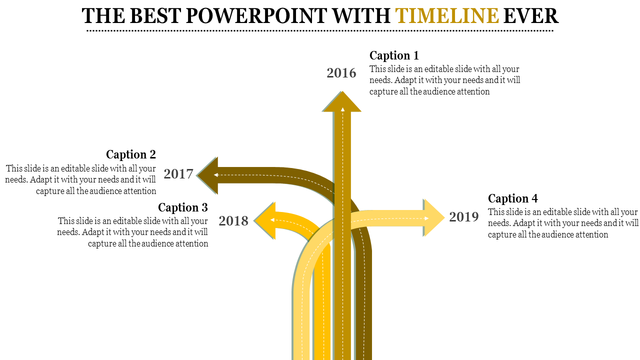 PowerPoint slide featuring a timeline with arrows pointing in multiple directions, marking key years from 2016 to 2019.