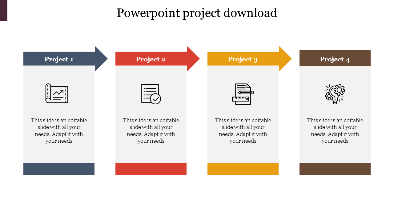 Project overview template with four arrows in blue, red, yellow, and brown, each with  icons and text placeholder.