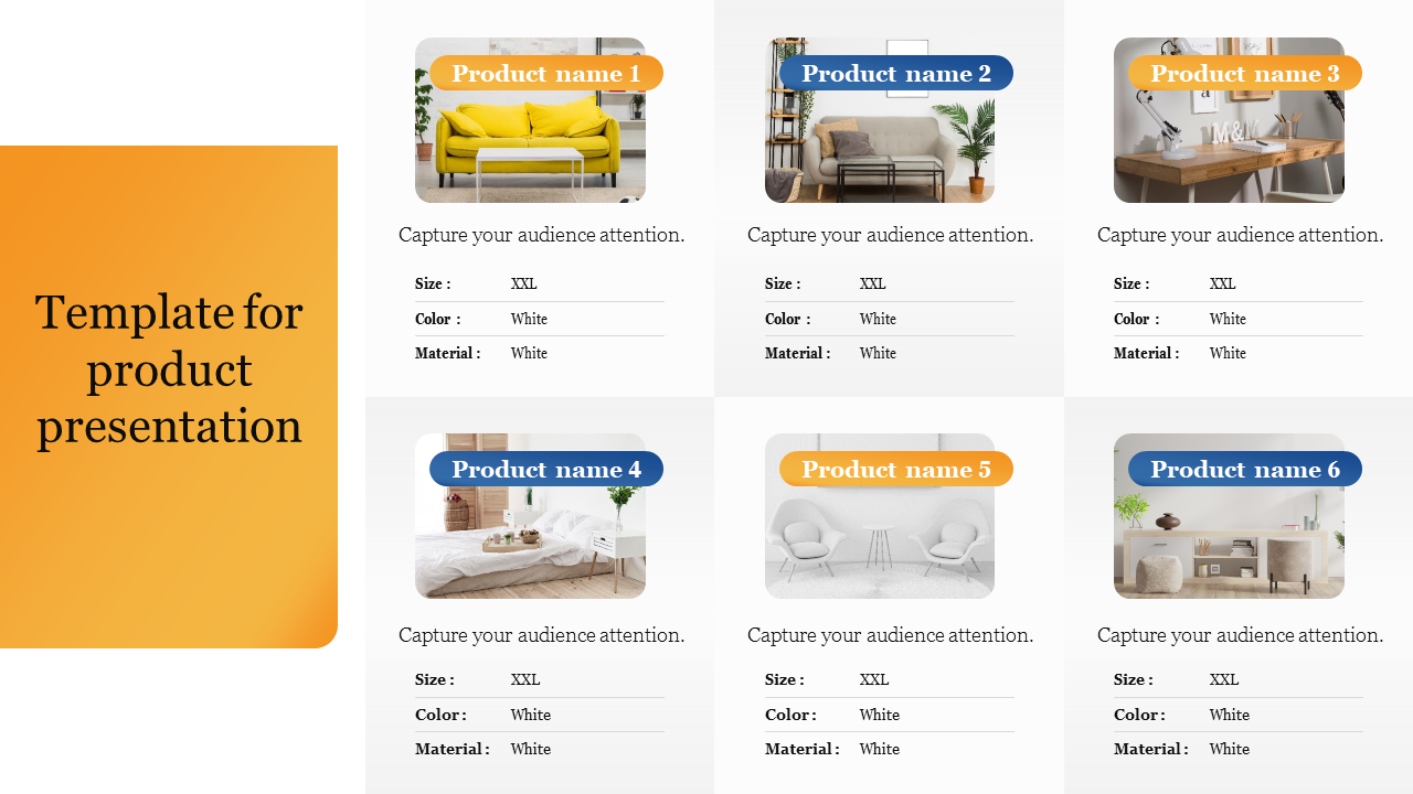 Product presentation template showcasing six products with size, color, and material details.