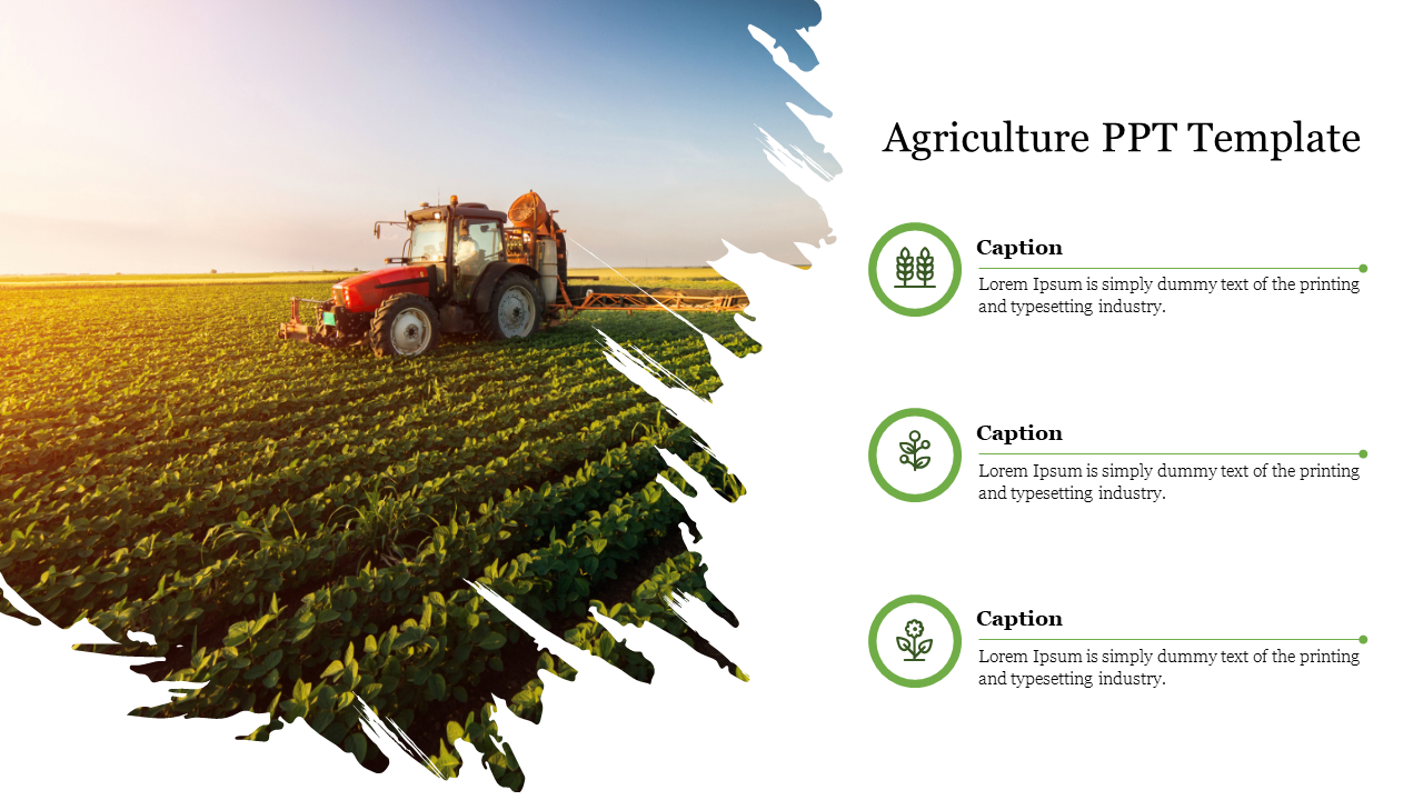 PowerPoint template featuring a tractor in a lush field at sunrise, with three agricultural icons and captions on the side.