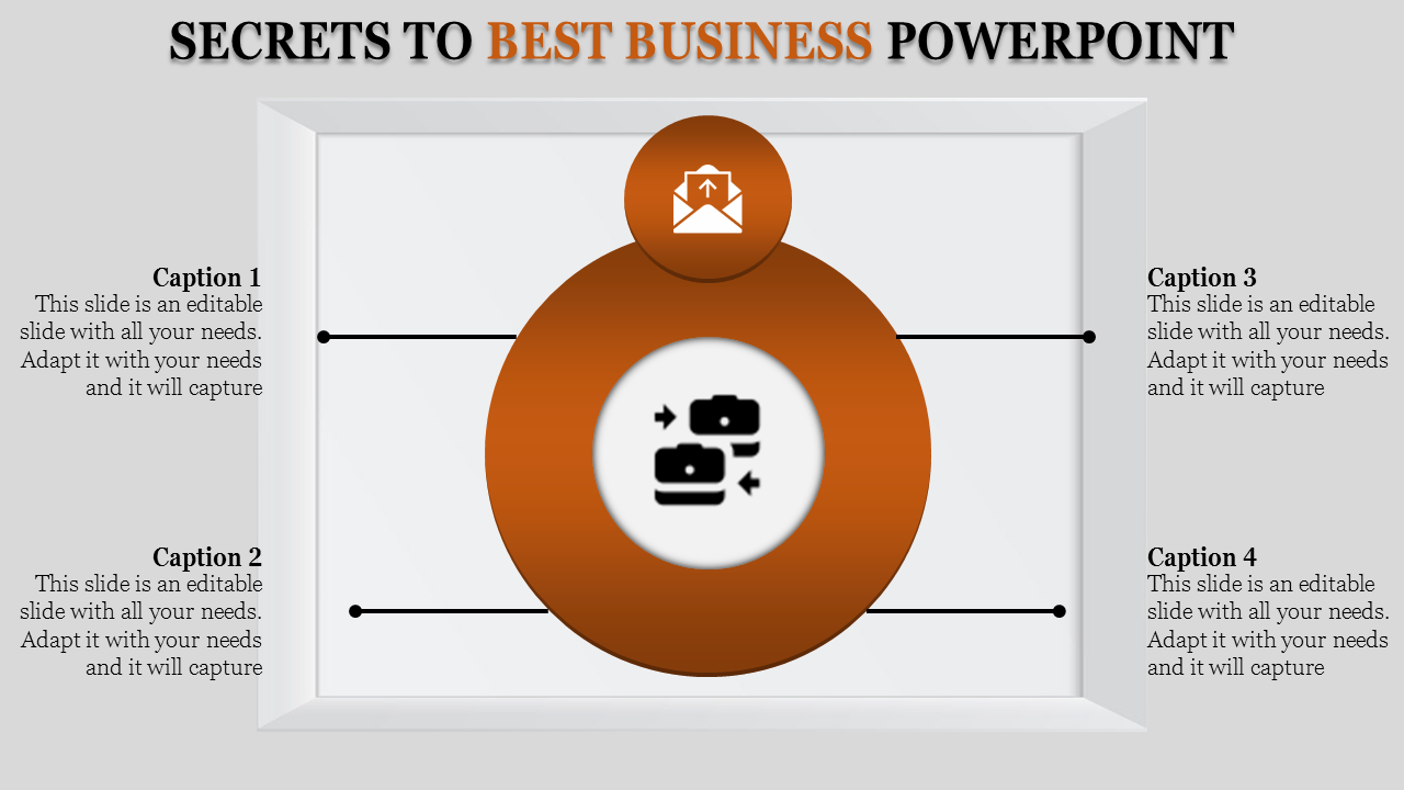 Business slide with a large central orange circle and two horizontal lines connecting four captions on each side.