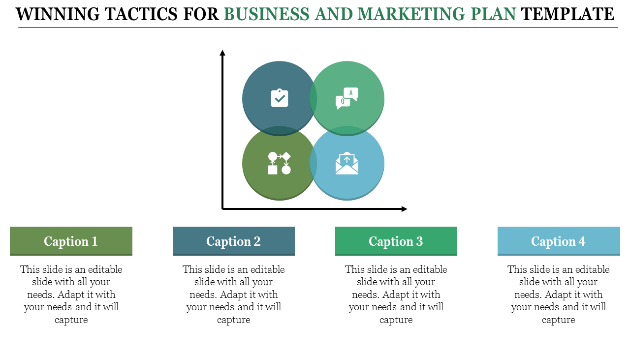 Business and marketing template with four overlapping circles, featuring icons, and captions in green and blue tones.