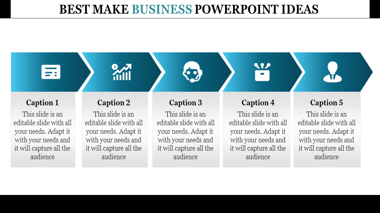 Business slide with five sequential blue arrows featuring icons like analytics, user profile, and toolbox, with caption sections.