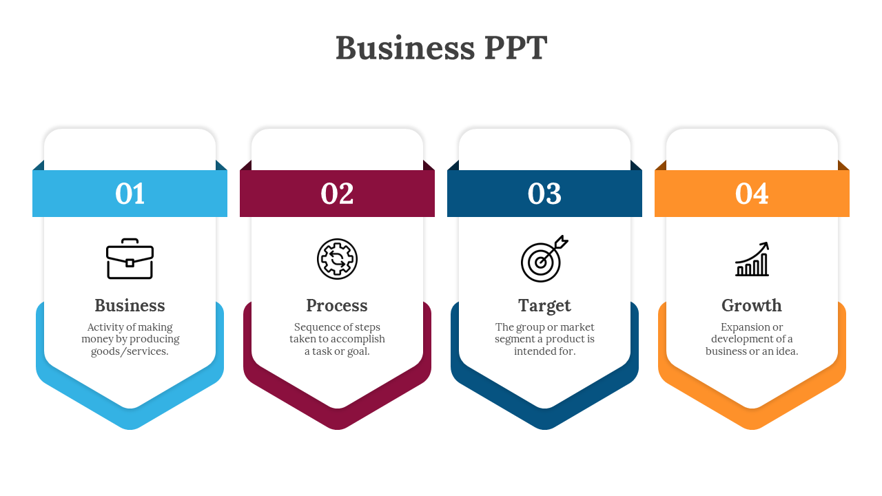 Four step business infographic with numbered banners featuring icons for business, process, target, and growth concepts.