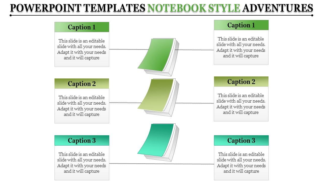 PowerPoint template with notebook style featuring captions and a creative design.