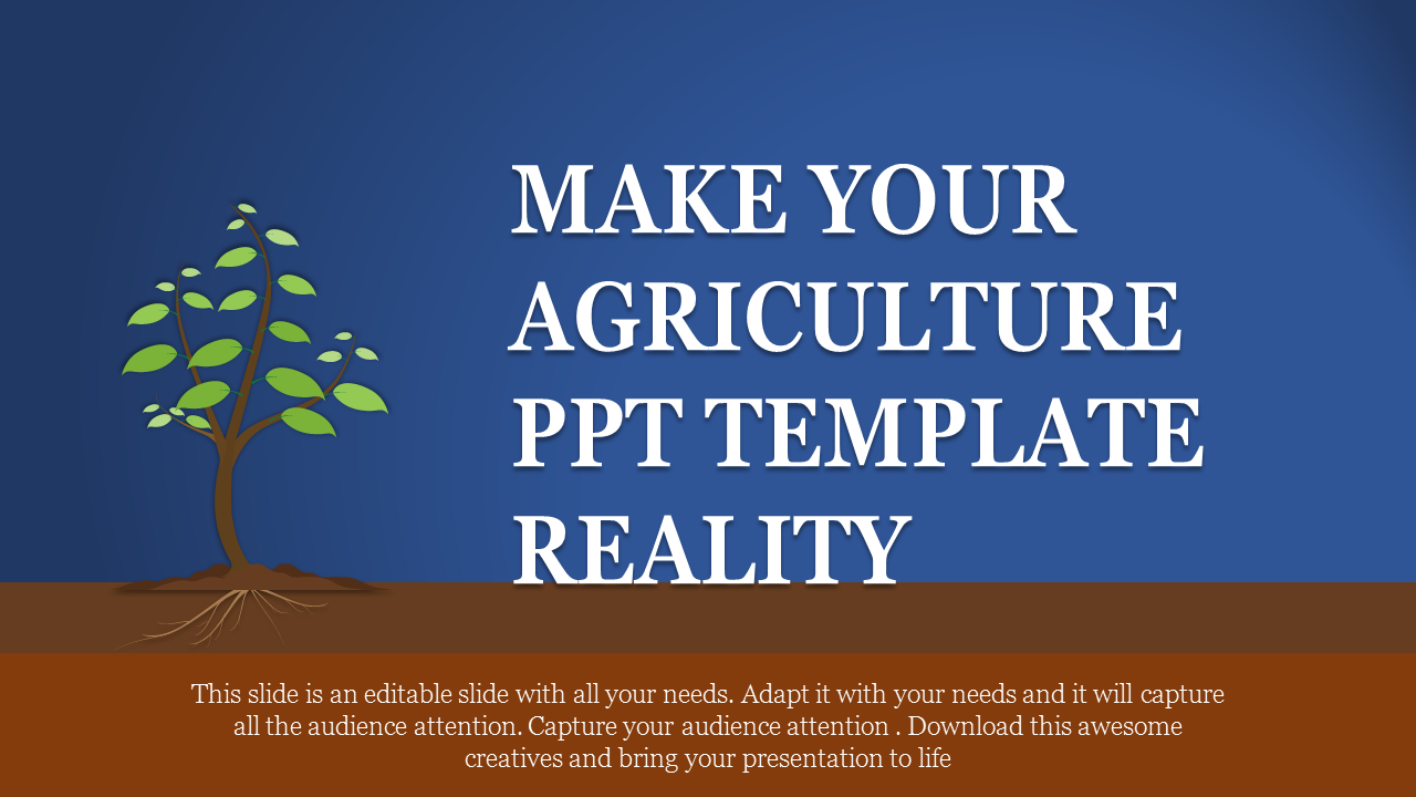 Agriculture-themed slide with a growing tree on the left and a large title on the right, set against a blue background.