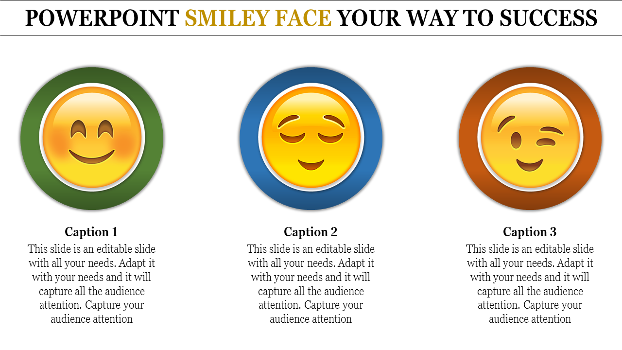 Three smiley faces in green, blue, and orange showing respective emotion inside circles labeled three captions areas.