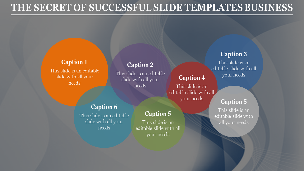 Circular business infographic with six overlapping sections labeled Caption 1 to Caption 6, featuring vibrant colors.