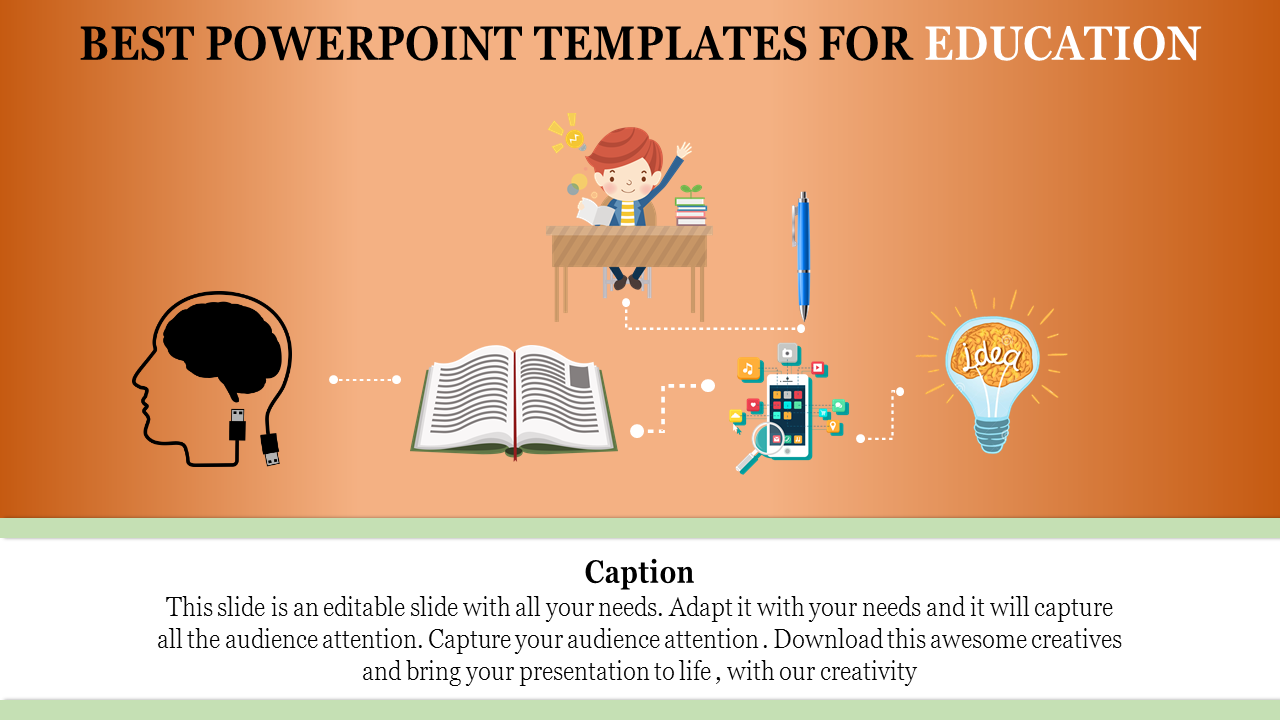 Educational PowerPoint slide showing a student, books, lightbulb, and technology elements for learning.