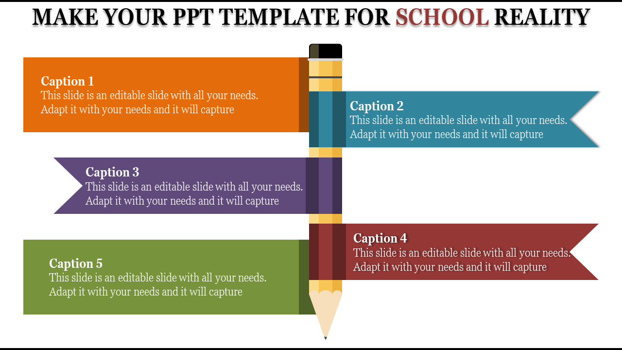 PowerPoint template with a pencil graphic and text boxes in various colors, representing a school theme.