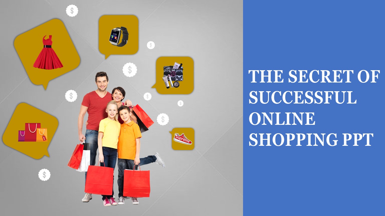 Cheerful family with shopping bags, with speech bubbles around them showcasing different products related to online shopping.