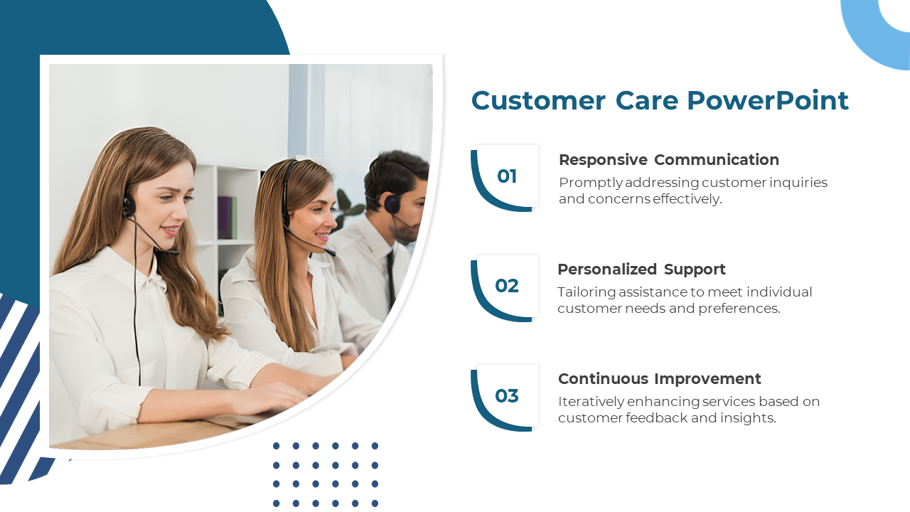 Customer care PowerPoint slide featuring three key points from responsive communication to continuous improvement.