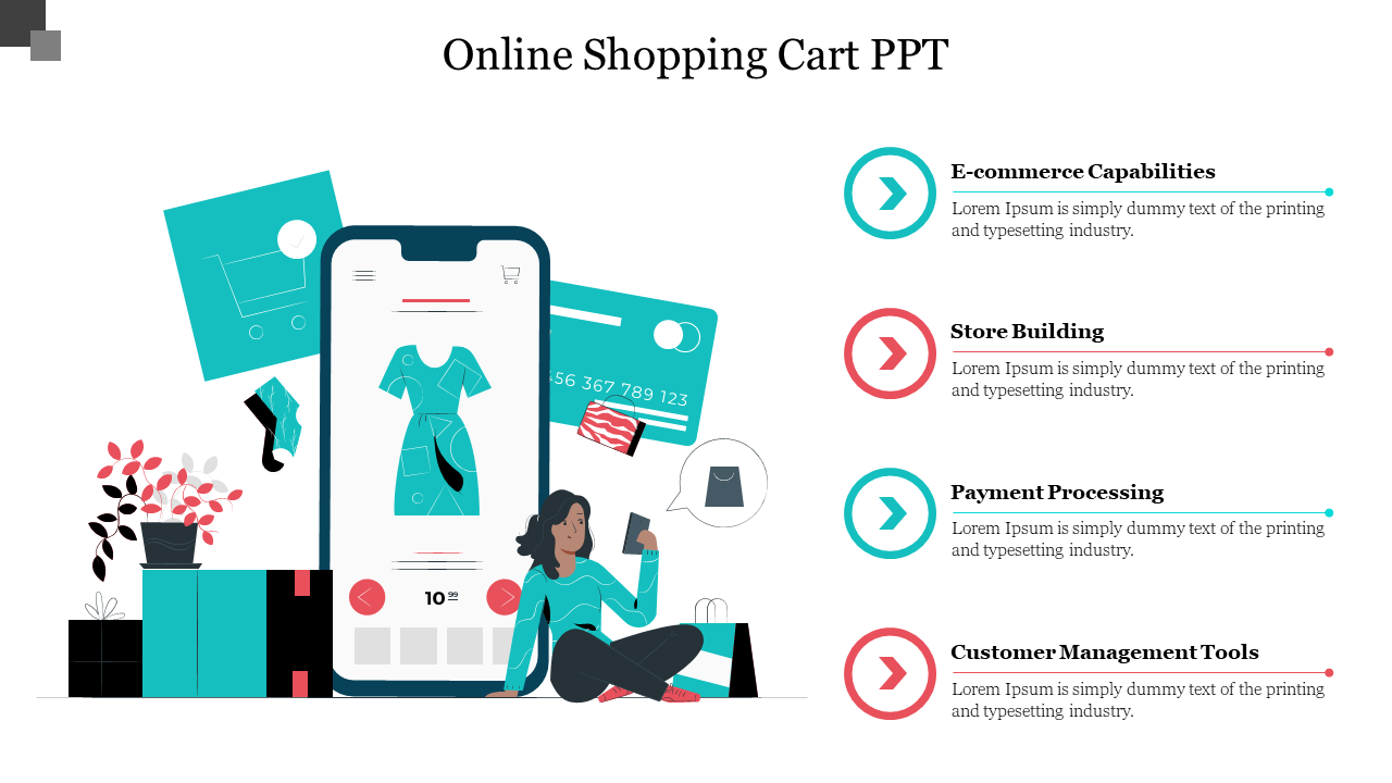 Illustration of an online shopping interface on a smartphone with surrounding e-commerce elements.