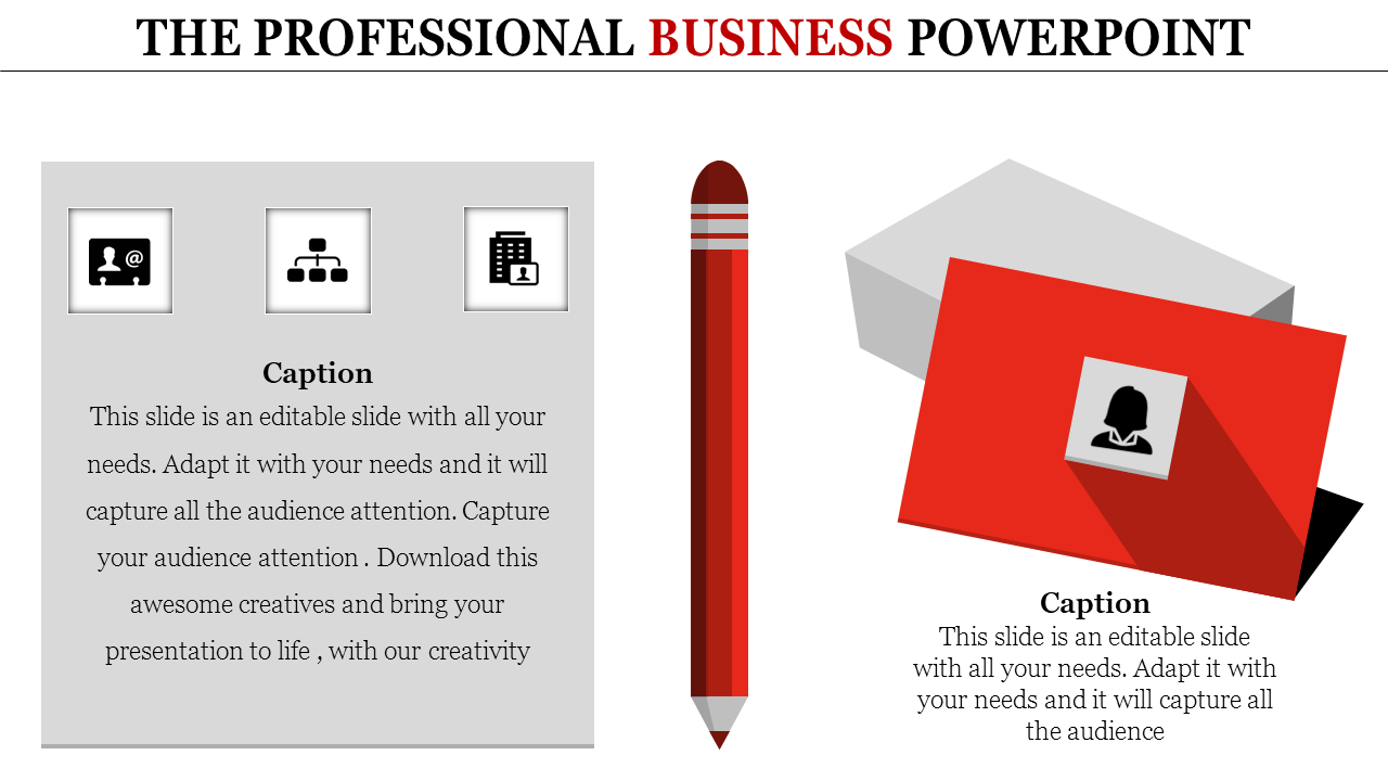 Professional themed template with a gray section, three icons, a vertical pencil, and a tilted red caption card.