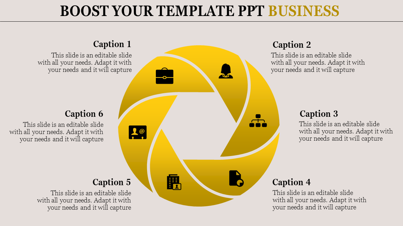 Business PowerPoint slide with six yellow sections, each featuring an icon with captions.