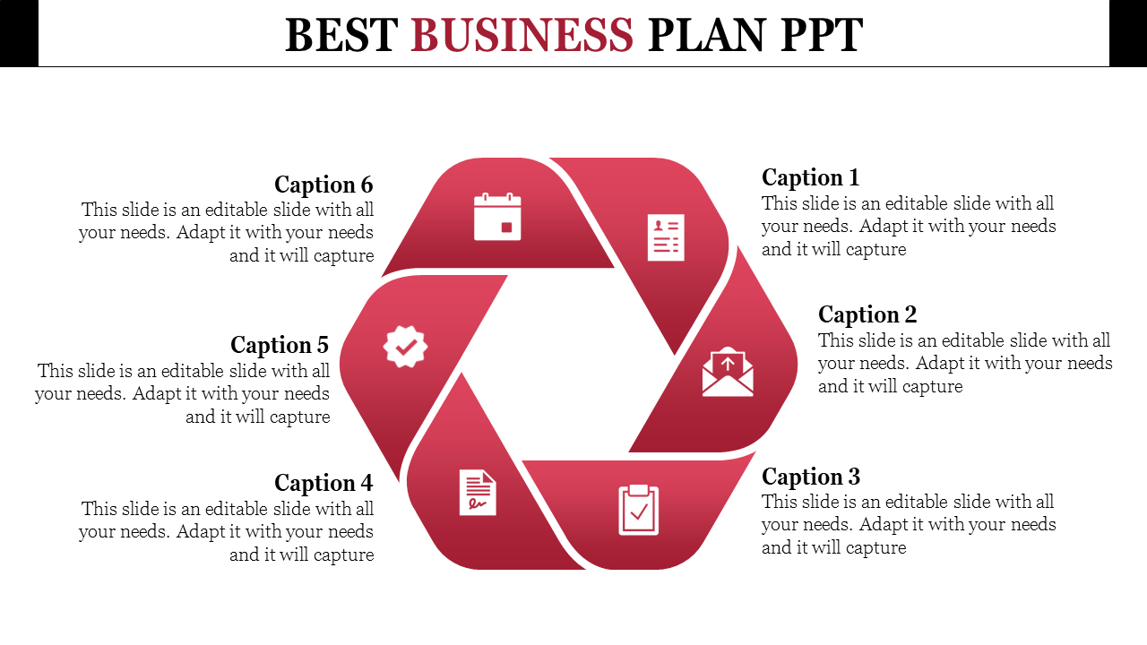 Business plan slide with red cycle arrows, icons for checklist, email, and gears, and six captions areas.