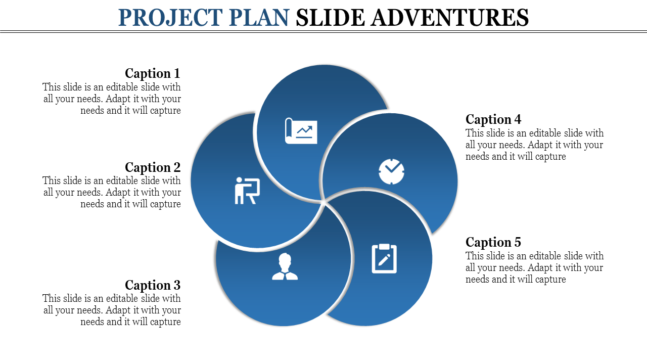 Project plan template featuring five blue circular segments with icons for graphs, tasks, and profiles.