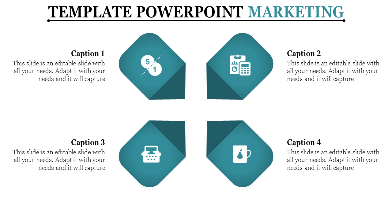 Marketing slide with four 3D diamond strategy, finance, content creation, and beverage, each labeled with caption areas.