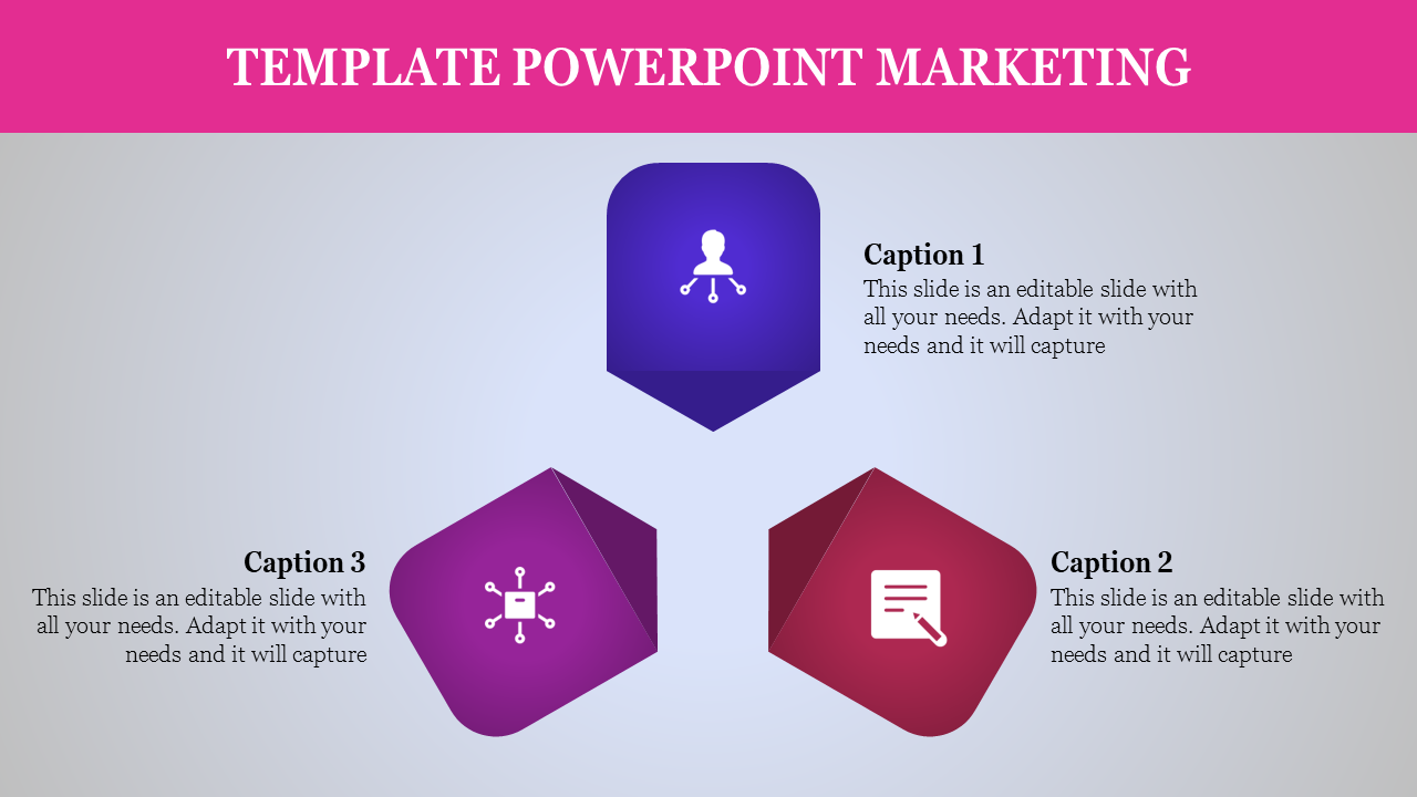 Three hexagonal blocks representing marketing concepts with blue, red, and purple shades, icons, and captions areas.