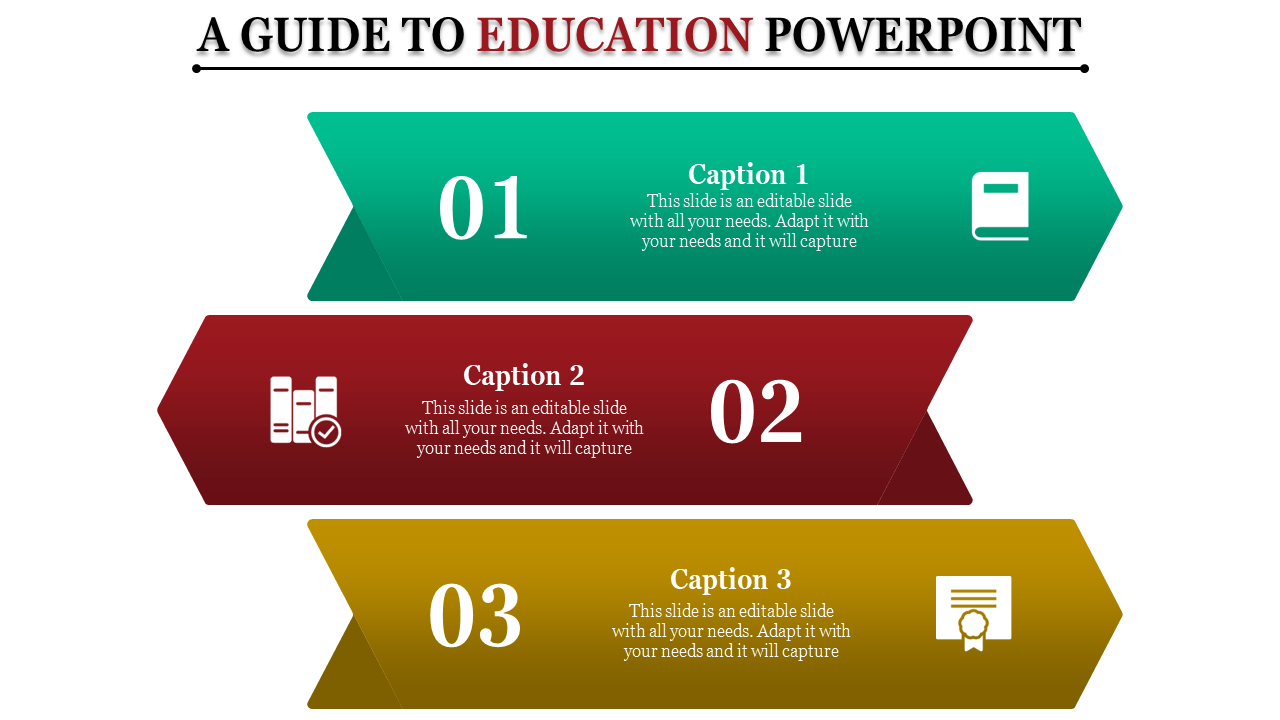 Three-tier education template with green, red, and yellow segments displaying captions areas and icons.