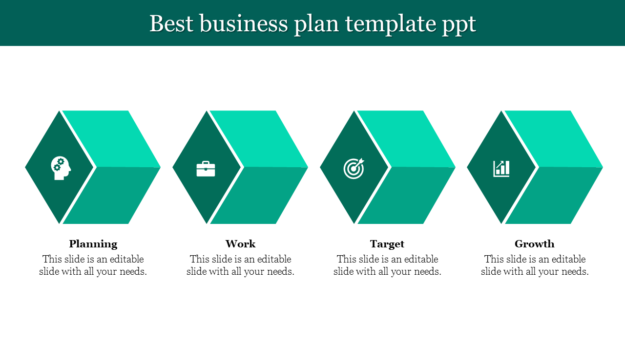 Business plan slide showing four teal hexagon blocks labeled planning, work, target, and growth with matching icons.