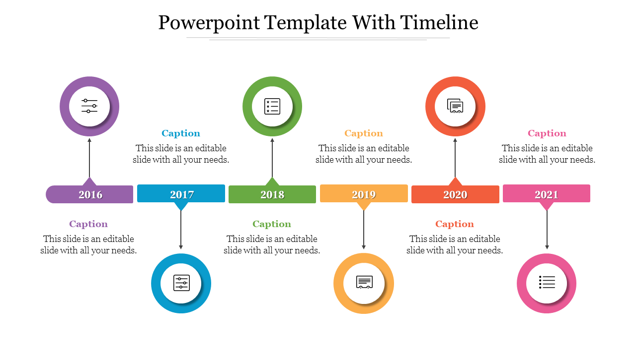 Colorful horizontal timeline with years from 2016 to 2021, each year represented by a circular icon on both sides.