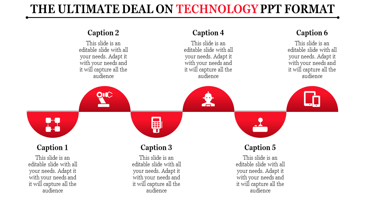 Technology template with a linear timeline featuring six red nodes, each containing white tech icons.