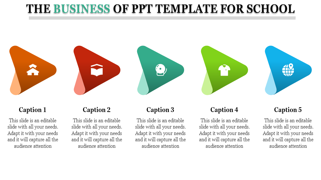 Five step educational infographic with triangular icons aligned, each containing a unique school related symbol. 