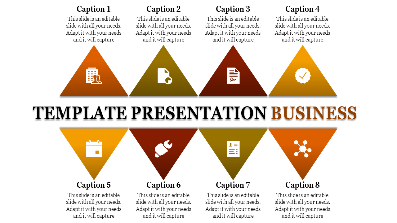 Business PowerPoint slide featuring eight sections with icons and captions.