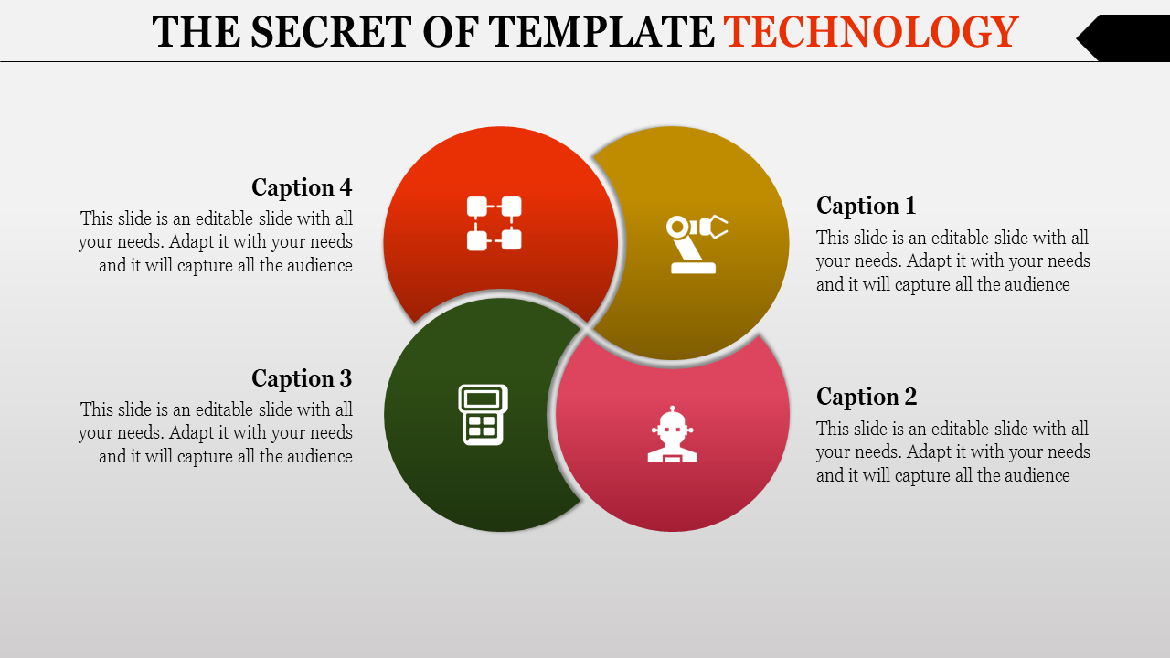 Technology slide layout featuring red, yellow, green, and pink circles with icons and descriptive captions around it.