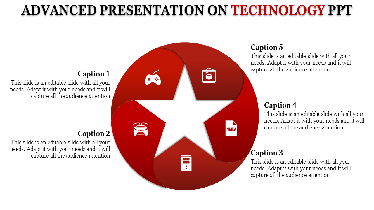 Advanced technology PowerPoint template featuring a star shape with icons and captions.