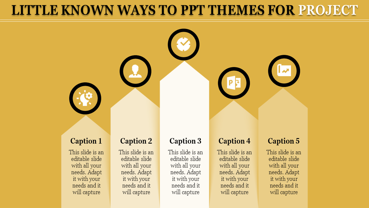 Infographic slide with five project themes, featuring icons for ideas, people, time, PowerPoint, and data analysis.