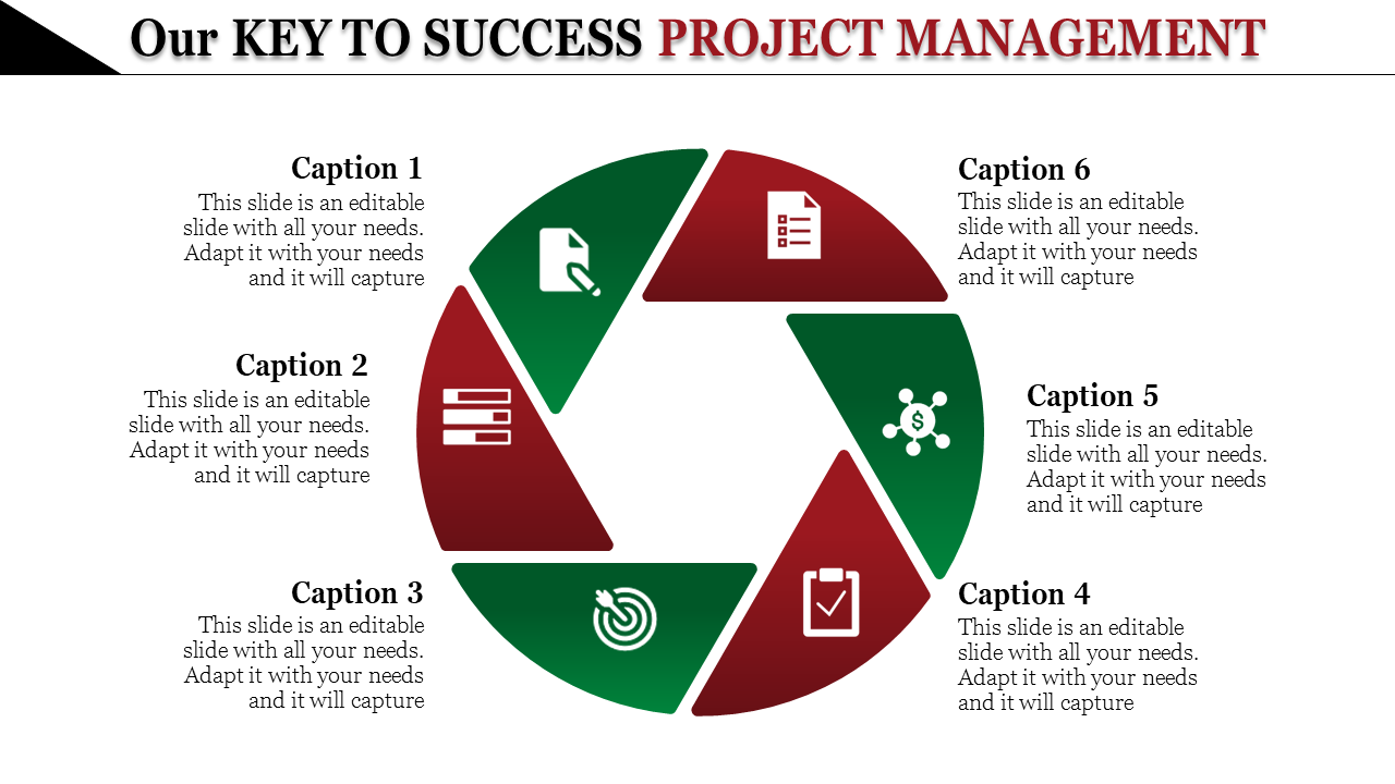 Circular infographic with alternating red and green segments, with icons, and six labeled captions for project management.