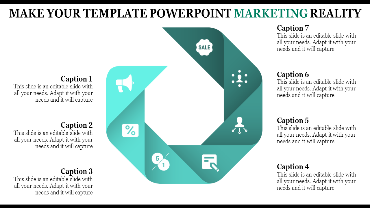 Marketing themed PowerPoint template featuring a colorful circular design with icons and captions.