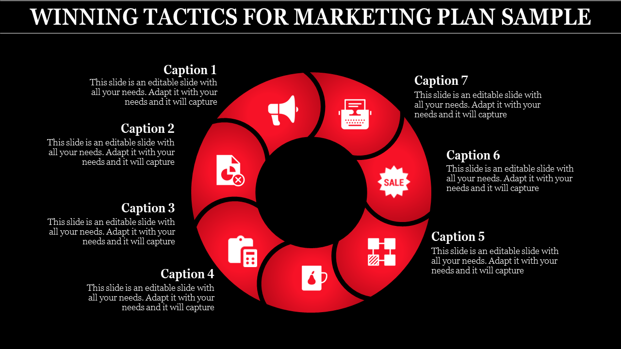 Circular red infographic with seven sections, each containing marketing related icons and captions, on a black background.