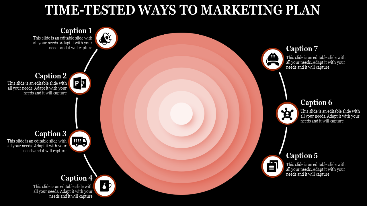 Circular infographic with peach gradient concentric rings surrounded by seven captions with icons, on a dark backdrop.