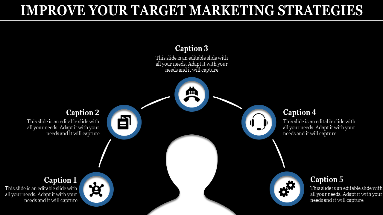 Marketing strategy slide with five blue icons in a semi circle above a white silhouette on a black background.