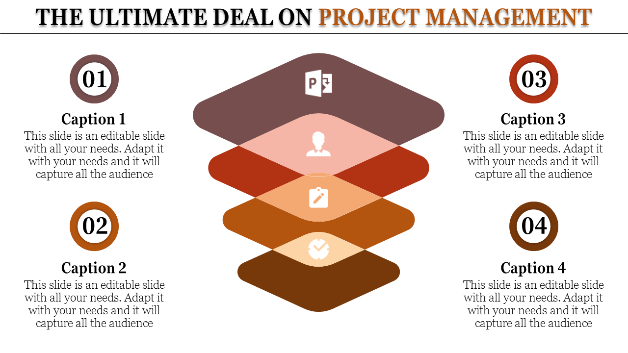 Project management slide with a funnel design, featuring four steps with icons and captions.