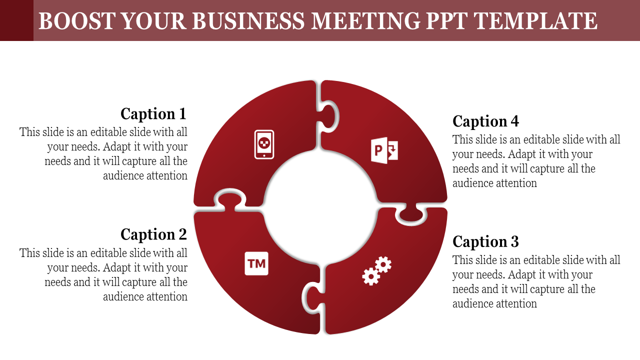 Business meeting PowerPoint template featuring a circular design with four sections, each containing icons with captions.