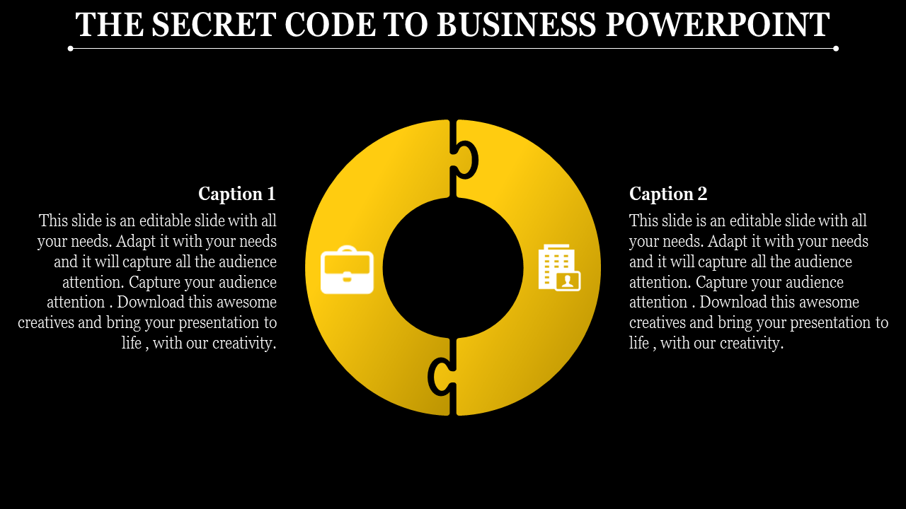 Slide featuring a yellow circular puzzle with two halves, business icons, and captions on a dark background.