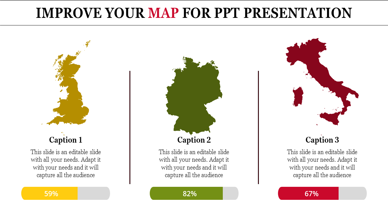 Three map silhouettes in yellow, green, and red, each with a caption box and percentage bar below.