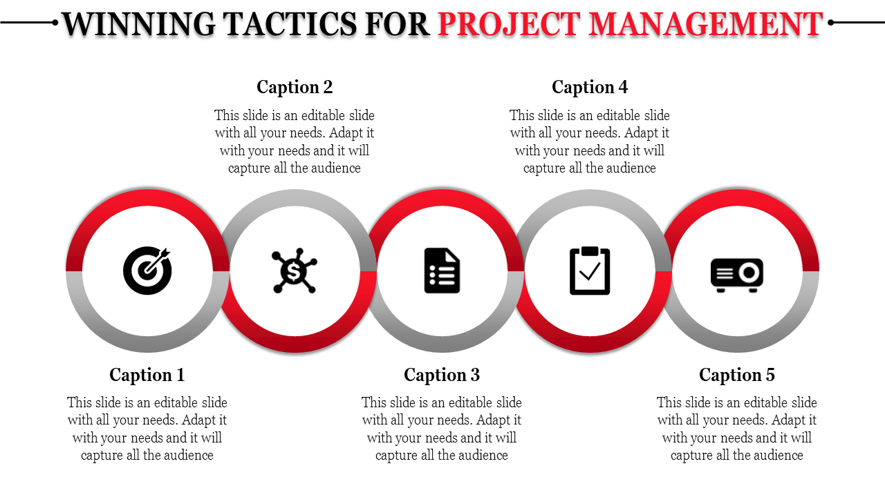 Circular infographic with five connected icons for project management tactics, labeled with caption areas.