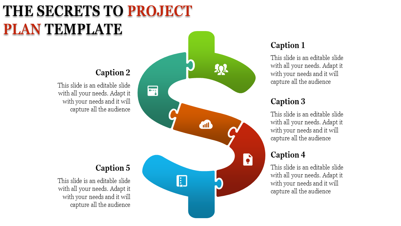 Project plan template showing a curved S-shape puzzle with five sections, icons, and captions for steps.