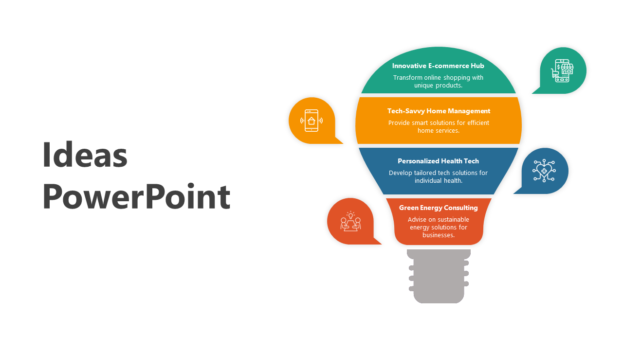 Slide with a lightbulb graphic and four business ideas, each with an icon from e commerce hub to green energy consulting.