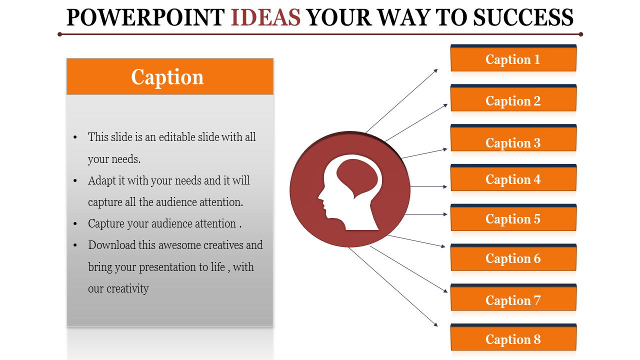 PowerPoint slide with a mind map design, featuring a central icon and eight captions radiating outward.