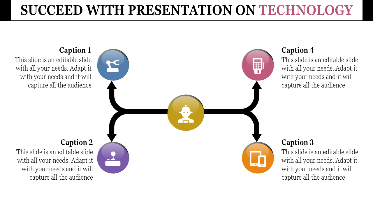 Technology infographic with a yellow hub linked to four circular icons, including tools, a user, devices, and a server.