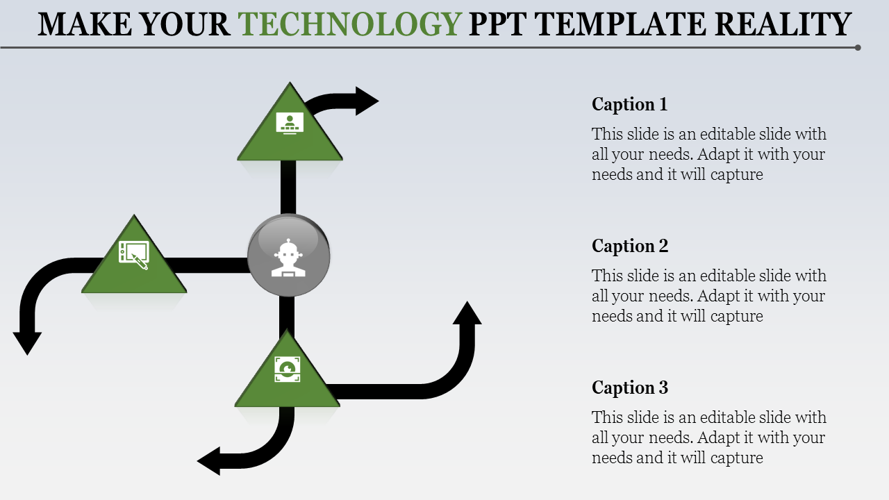 PowerPoint slide with a flowchart design featuring green triangles and arrows representing technology concepts.