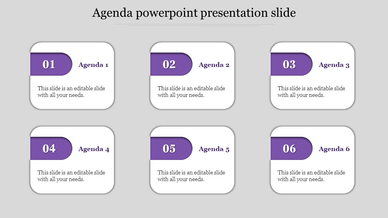 Six purple agenda items arranged in two rows, each with a number and a text in a round edged square.